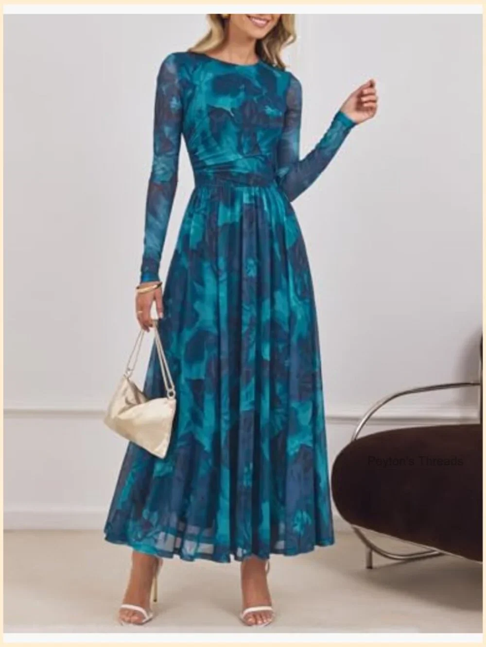 Long Sleeve Maxi Dress with Floral Print, Crewneck, Ruched Waist, Mesh - Picture 6 of 7